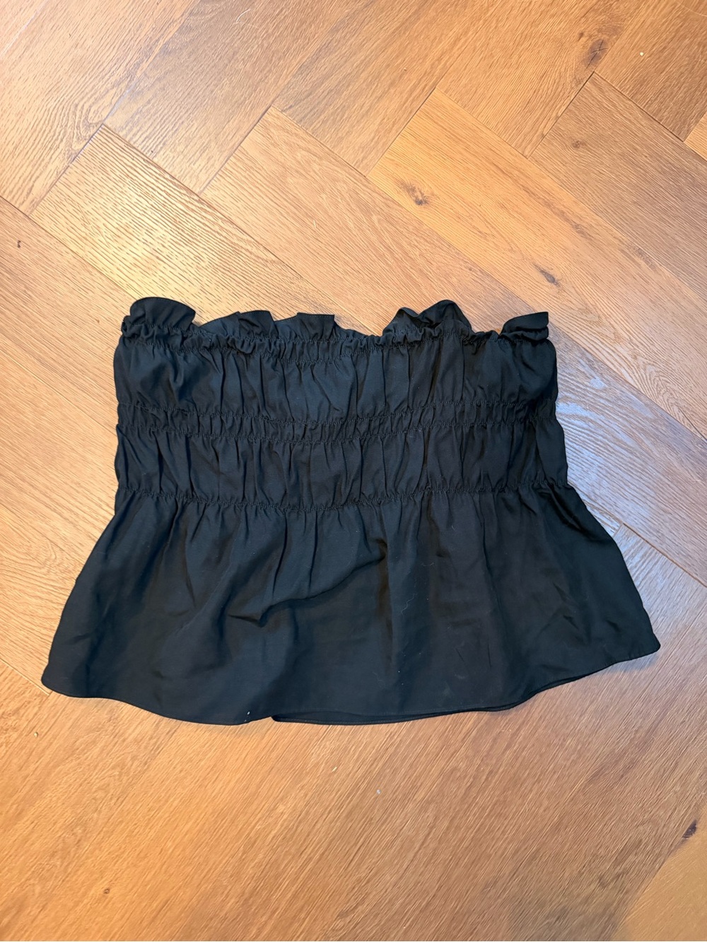 Mare Mare Black Smocked Strapless Peplum Top | Viscose Linen